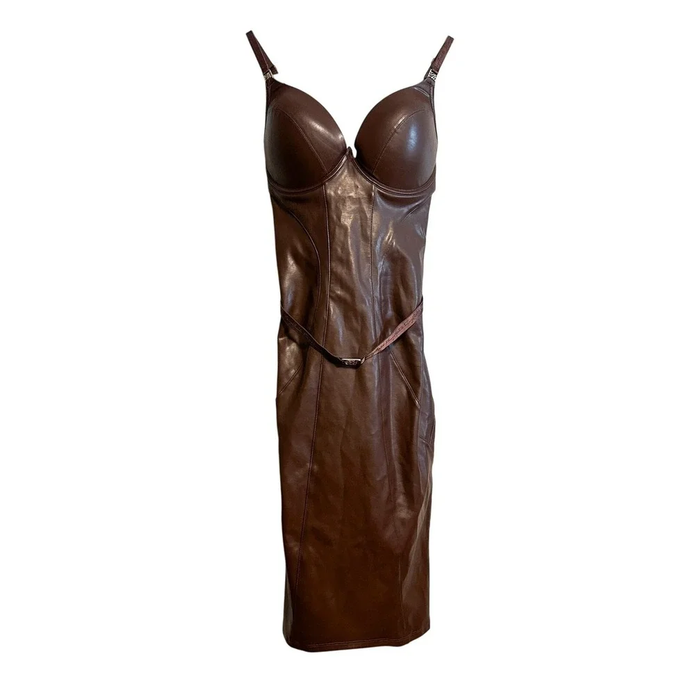 Honey Birdette Emily Deep Mahogany Faux Leather Dress NWT Size XS - Picture 2 of 16